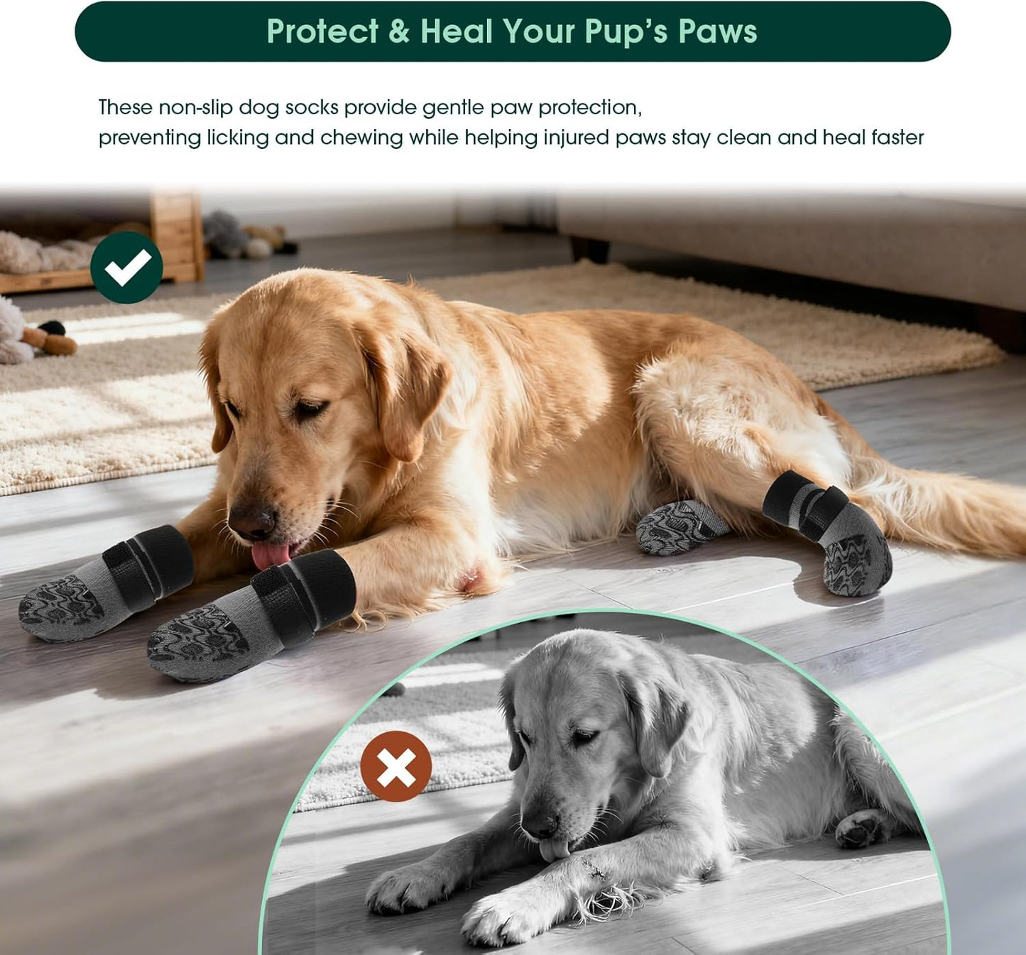 Kuoser Non Slip Dog Socks for Hardwood Floors, 4Pack Anti-Slip Dog Grippy Socks to Prevent Licking Paws, Dogs Booties Paw Protectors with Double-Sided Traction for Small Medium Large Senior Dogs, XS
