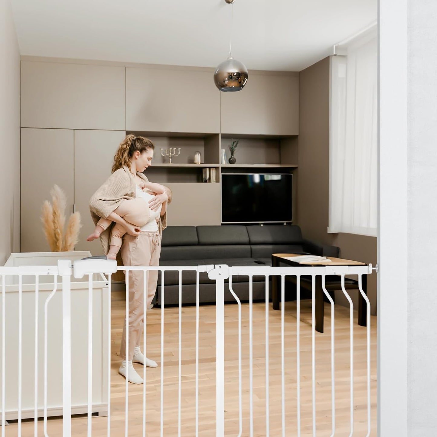 Extra Wide Baby Gate for Stairs Doorways with Door, 30" Tall 57.1-66.5" Wide Easy Install Dog Gate Indoor, Safety Metal Pressure Mounted Pet Gate with Walk-Thru Auto Close for the House, Black