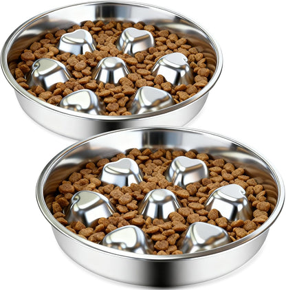 Stainless Steel Slow Feeder Dog Bowls,2 Pcs Slow Food Bowl for Dog & Cat - 2 Cups Capacity,Bone-Shaped Design Pet Food Holder,Metal Non-Slip Lick Plate,Puzzle Maze Dish for Small & Medium Sized Breeds