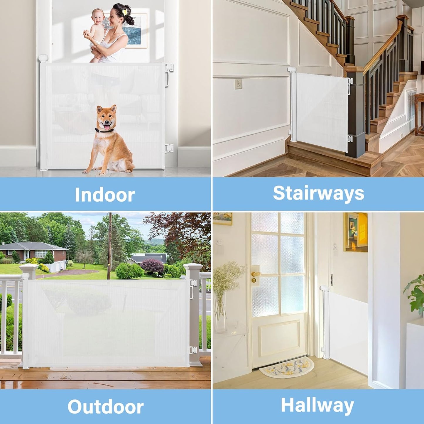 probebi Retractable Baby, Child & Dog Gates for Stairs, Extends to 54" Wide 34" Tall, Use for Outdoor, Indoor, Hallways, Doorways, Deck, Porch, Black
