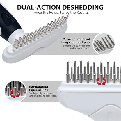 Dog Cat Grooming Tool Rake, Pet Dematting Tool with Stainless Steel Shedding Comb, Double Row Pet Rake Gently Remove Loose or Tangled Hair from Undercoat Black