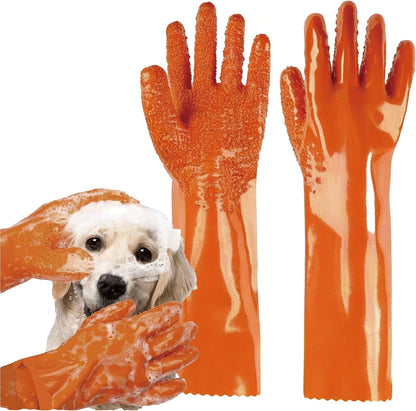 YOFANG 14" Long Pet Grooming Gloves for Washing & Hair Removal,Waterproof Rubber Cat Bite-Proof Brush Gloves,Dog Bath Glove with Soft 3500+ Particles Massage,Orange