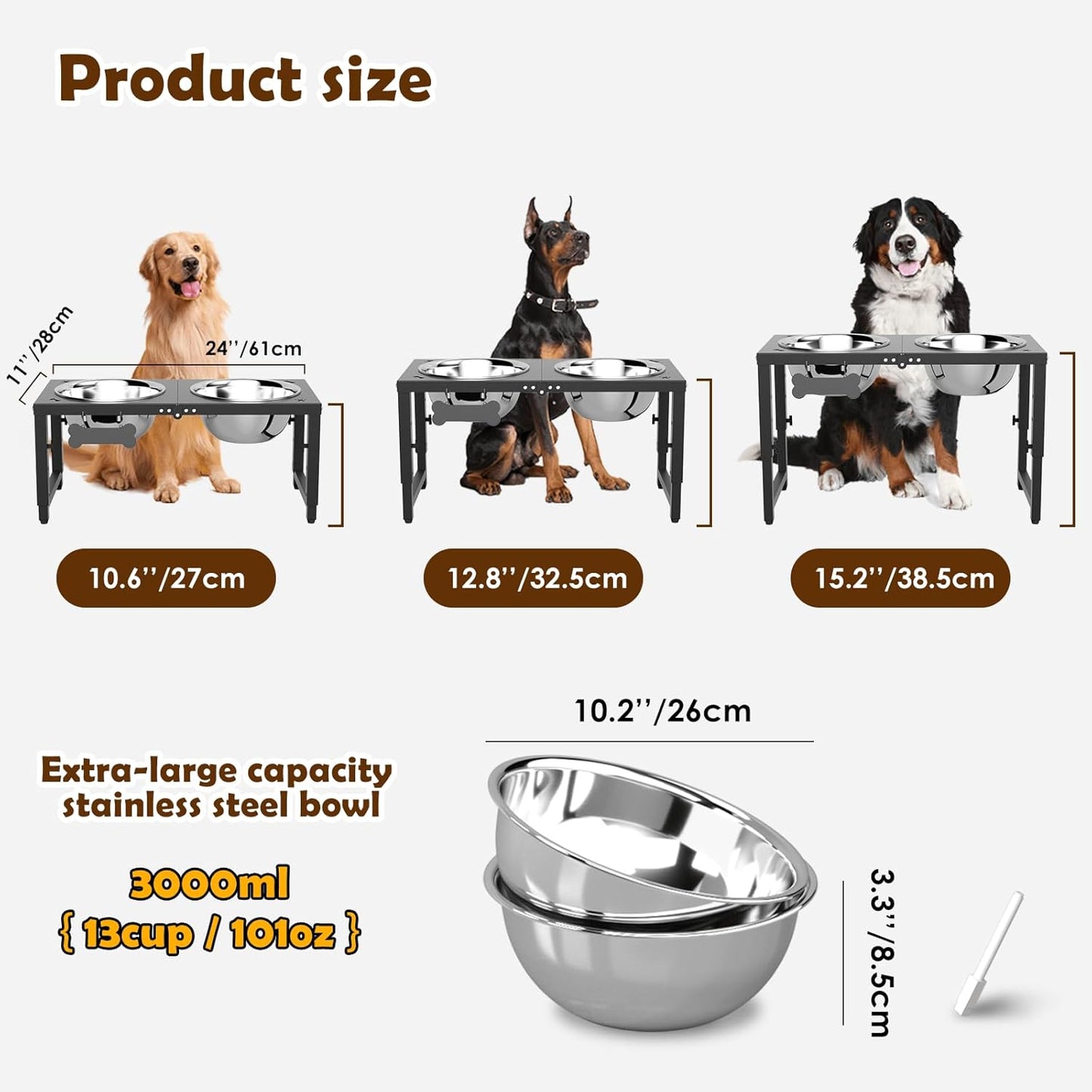 SHAINFUN Metal Elevated Dog Bowls Stand for Large Dogs with Mat & Three 58oz Food Water Bowls, Adjustable Height Raised Dog Bowl Stand