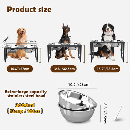SHAINFUN Metal Elevated Dog Bowls Stand for Large Dogs with Mat & Three 58oz Food Water Bowls, Adjustable Height Raised Dog Bowl Stand