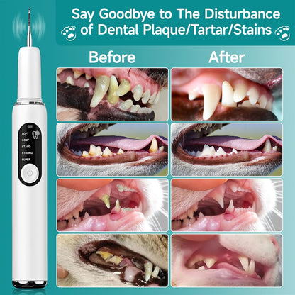 Dog Teeth Cleaning Kit Dog Plaque and Tartar Remover with LED Light 5 Adjustable Modes Electric Toothbrush Pet Teeth Cleaner for Dogs and Cats (White and Blue Finger Cots)