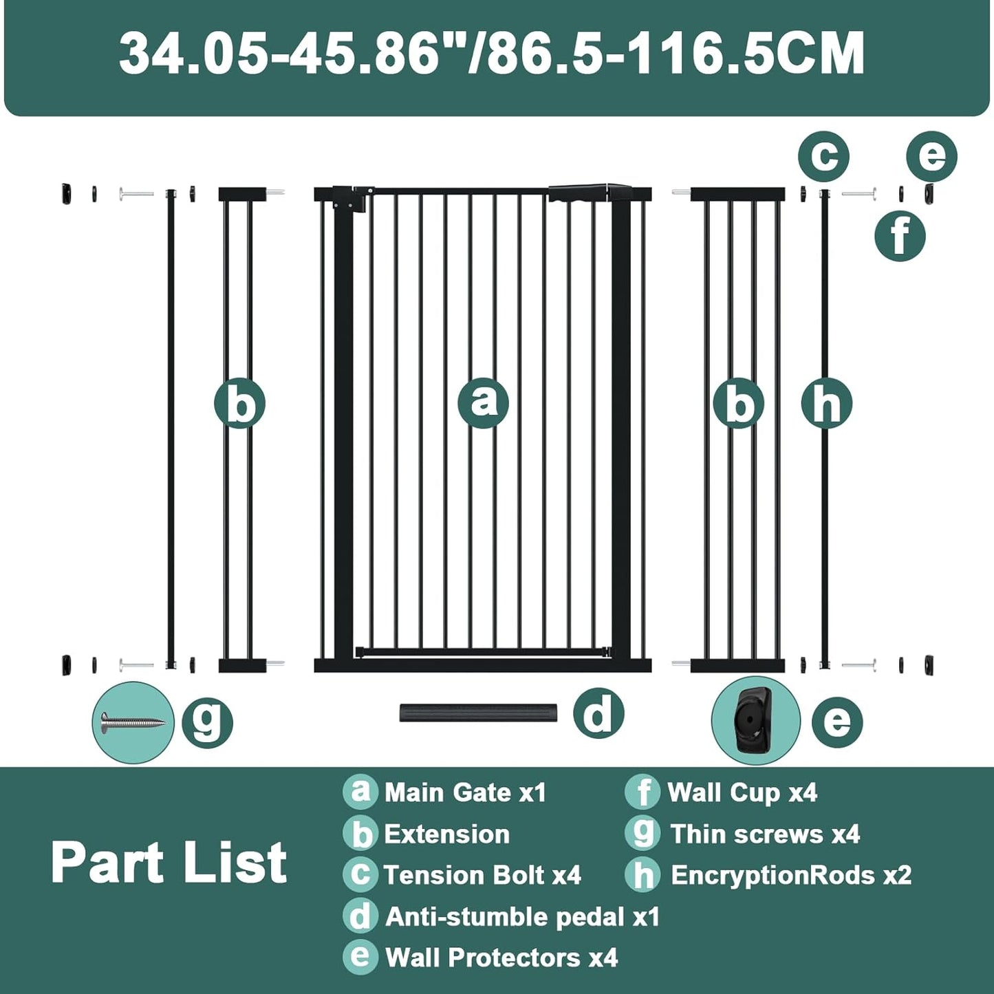AiWMGL 40.55" Tall, 53.74-61.61 Inch Wide, 1.37" Ultra Narrow Spacing Dog Pet Baby Gate Indoor for Doorway Hallway, Pressure Mounted 54 55 56 57 58 59 60 61 Inches Wide