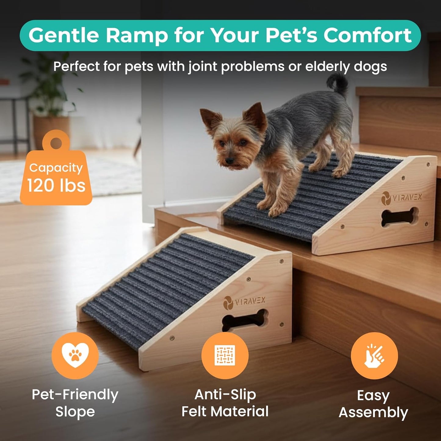 Dog Ramp for Stairs, Non Slip Dog Stairs, Sturdy Wooden Pet Steps for Small Dogs and Cats Fits Staircase Indoor, Support for Injured and Senior Pets