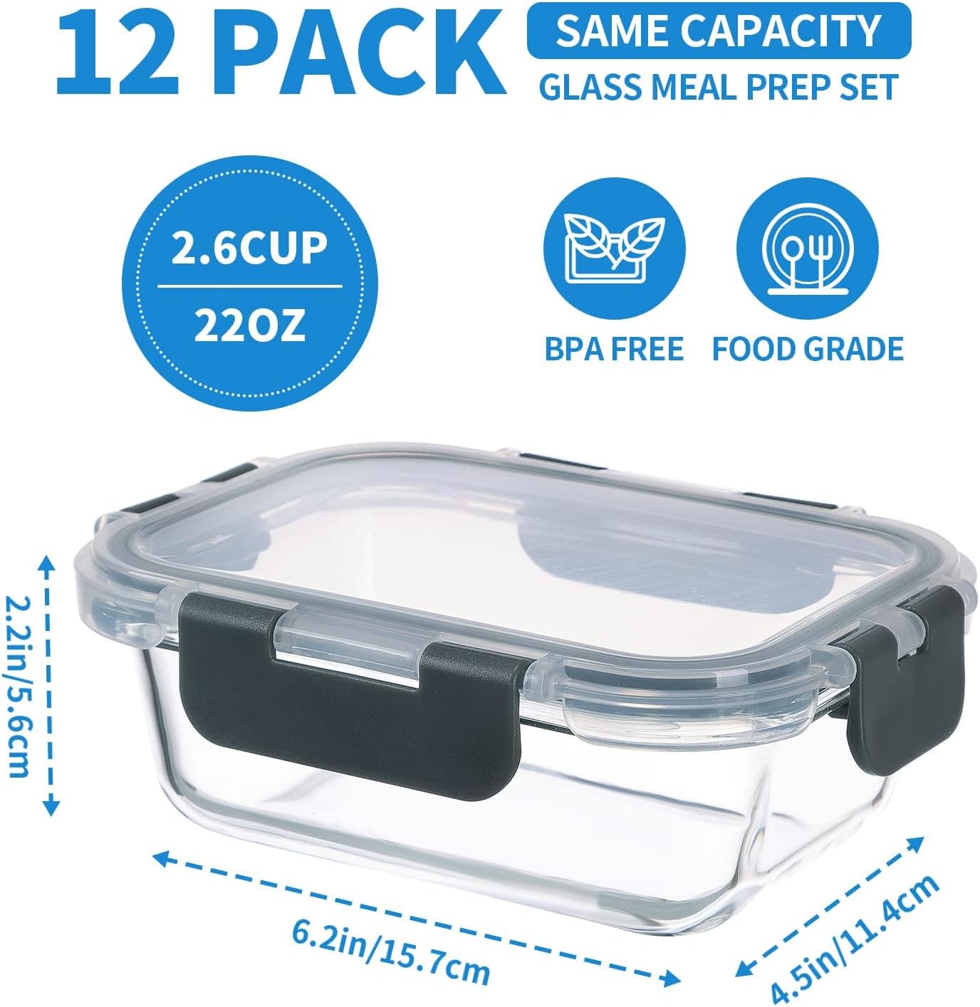 GULFLIN 24-Piece Small Glass Food Storage Containers with Lids Airtight, 1.5 Cup Meal Prep Containers Set, Microwave&Dishwasher Safe, Leak-Proof, BPA-Free, Grey