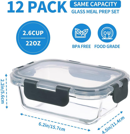 GULFLIN 24-Piece Small Glass Food Storage Containers with Lids Airtight, 1.5 Cup Meal Prep Containers Set, Microwave&Dishwasher Safe, Leak-Proof, BPA-Free, Grey