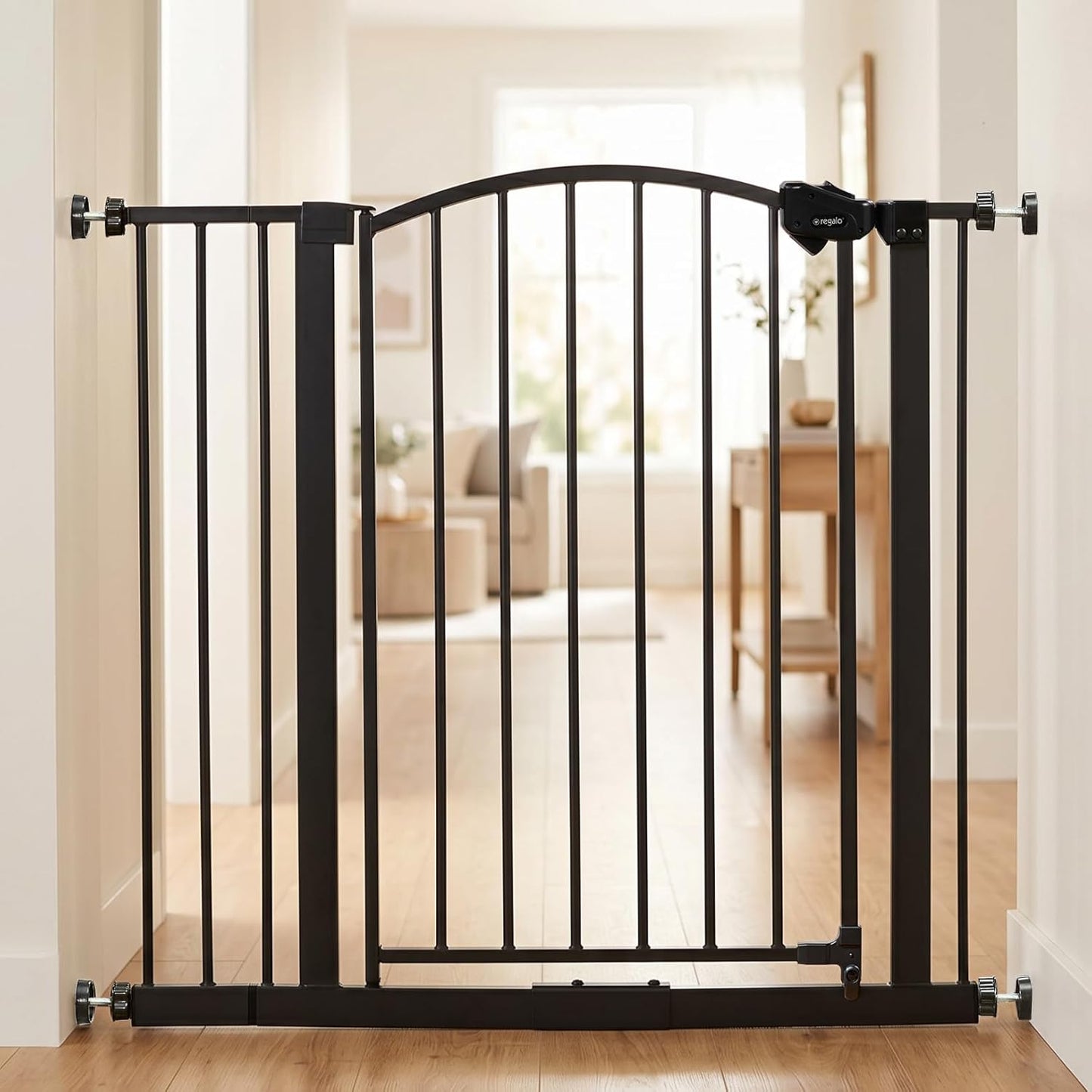 Regalo Safety 30.5-58" Extra Wide Arch Baby Gate with Door, Pressure Mount Walk Through Gate for Doorways & Bottom of Stairs, Babies, Toddlers & Pets, Tested & Safe, American Designed, American Owned
