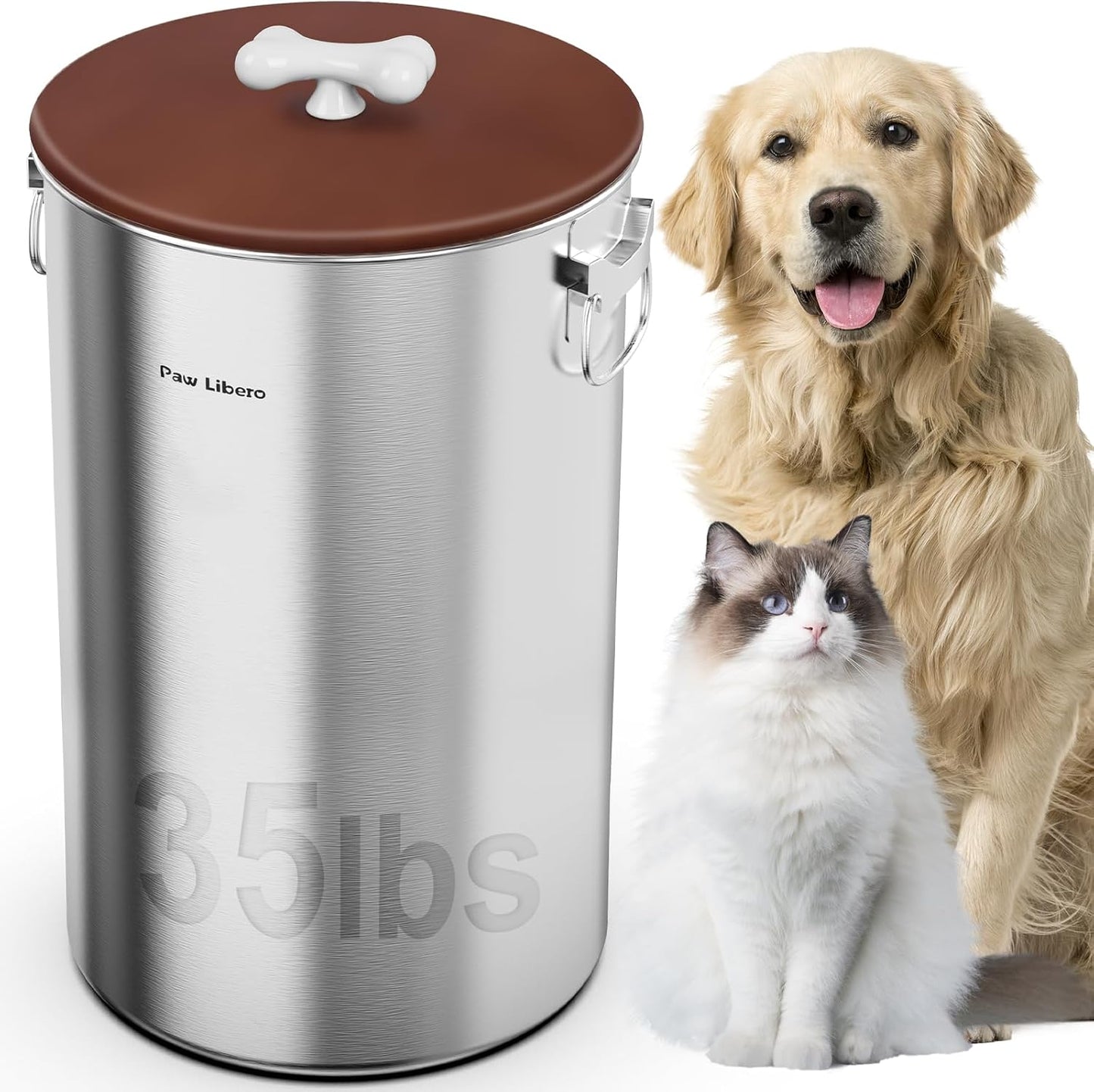 Paw Libero 25 Lbs Stainless Steel Dog Food Storage Container with Airtight Lid & Ceramic Bone Handle, Large Metal Dog Food Bin for Dogs & Cats, Keep Fresh, Easy to Clean