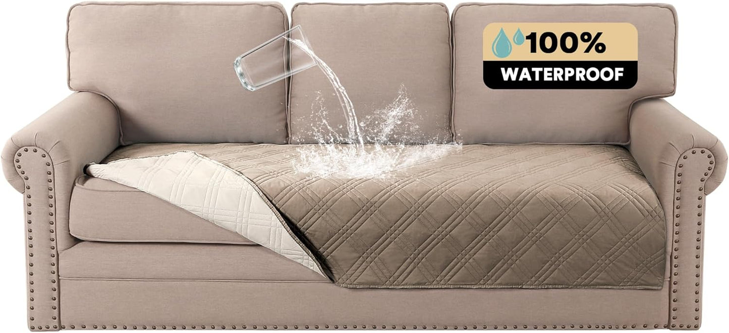 PrinceDeco 100% Waterproof Couch Cover for 3 Cushion Couch Sofa Pet Friendly Non-Slip Couch Cover for Dogs Washable Water Resistant Furniture Protector with Elastic Straps(Sofa 68", French Oak)