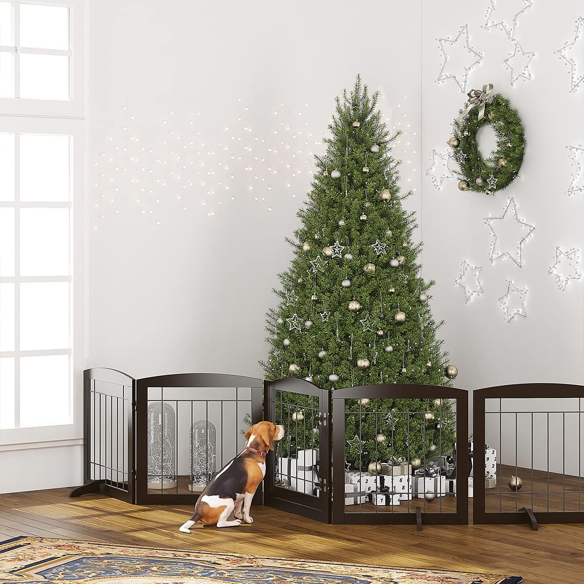 PAWLAND Free Standing Dog Gates for The House Stairs Doorways Indoor Foldable Wooden Small White Puppy Pet Gate Step Over Fence 60" W 24" H 3 Panels
