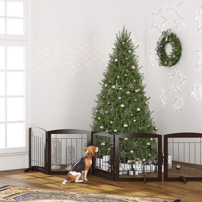 PAWLAND Free Standing Dog Gates for The House Stairs Doorways Indoor Foldable Wooden Small White Puppy Pet Gate Step Over Fence 60" W 24" H 3 Panels
