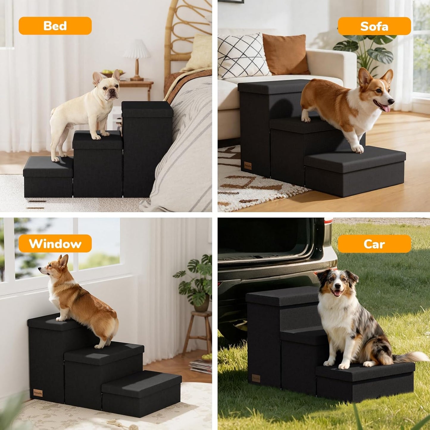 3-Step Wide Dog Stairs with Hidden Storage 18" H, Non-Slip Dog Steps for High Bed Couch Window Car, Jiont-Friendly Pet Stairs Ramp for Small/Medium/Large Old Dogs Cats Up to 200lbs, Grey