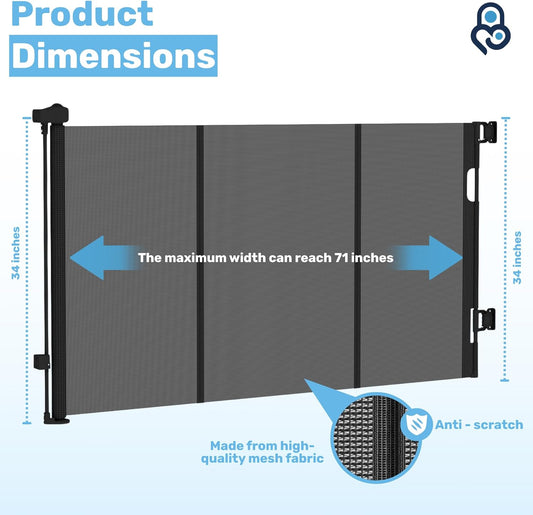 Baby Proof Me Retractable Baby Gates for Stairs & Doorways - 71” Wide Mesh Safety Gate for Toddlers, Dog & Pets - Use for Indoor/Outdoor, Hallways, Deck, Porch - Easy Installation, Secure Closure