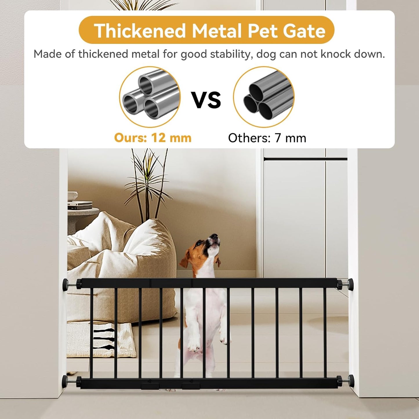 Dog Gate Indoor,18"-45" Adjustable Extra Wide Metal Short Dog Gate to Step Over, 18" Tall Small Pet Gate with 3 Extension Kits, Pressure Mounted Gate for Doorways & Stairs Black