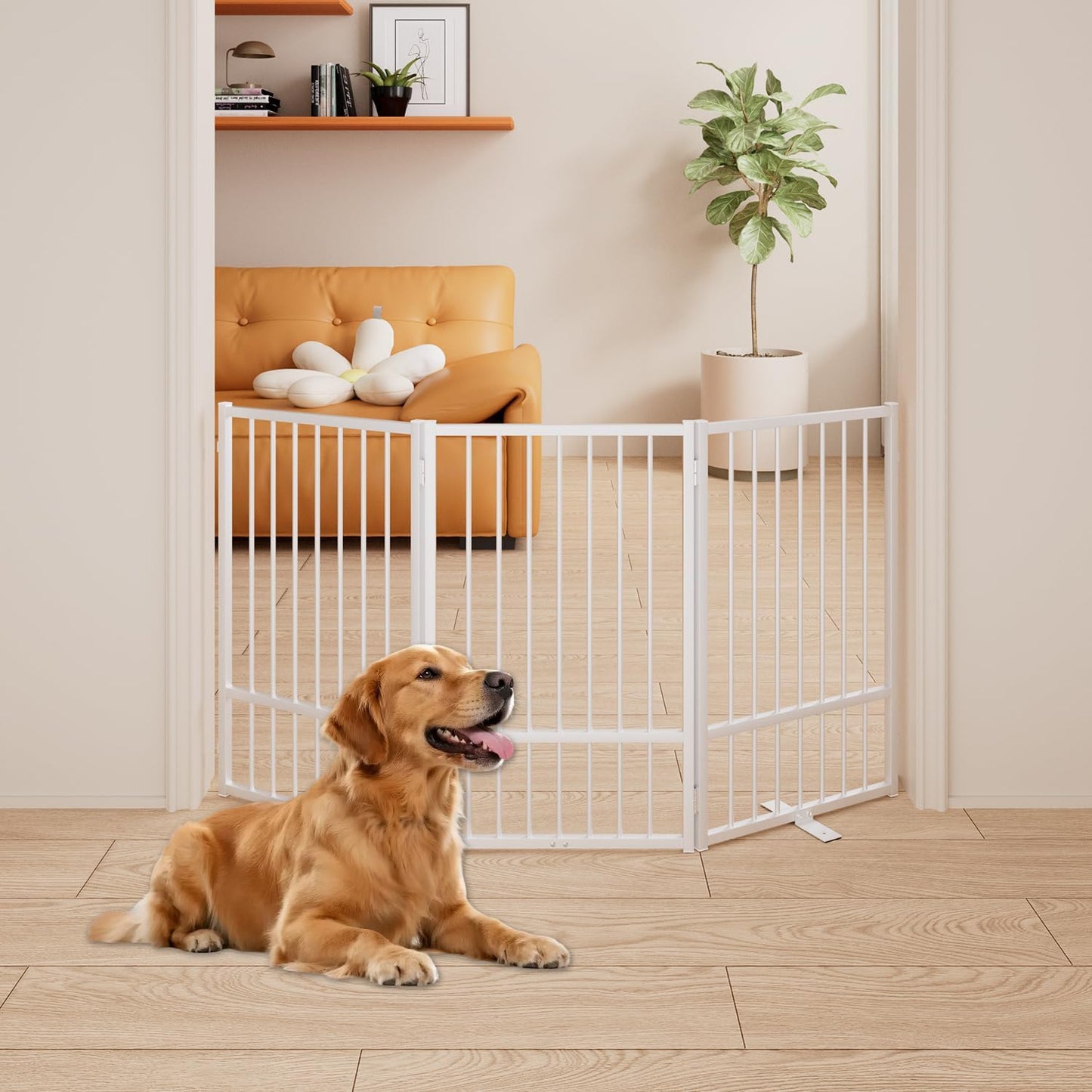 4 Panels Full Metal Freestanding Dog Gates with Door, 80” W x 32” H Folding Pet Gate Fence with Support Feet for Indoor,Stairs, Hallways and Doorways(Black)