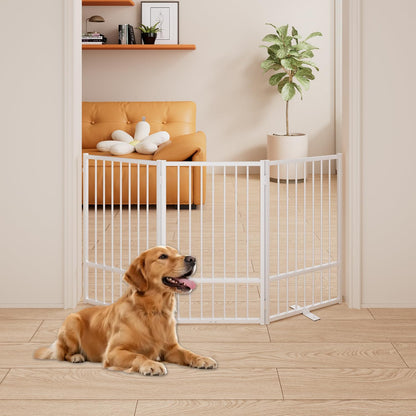 4 Panels Full Metal Freestanding Dog Gates with Door, 80” W x 32” H Folding Pet Gate Fence with Support Feet for Indoor,Stairs, Hallways and Doorways(Black)