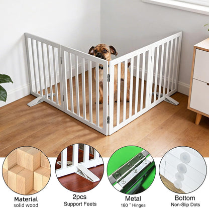 ZJSF Freestanding Indoor Dog Gate for House Foldable Wood Puppy Gate for Doorways Pet Gate for Stairs Extra Wide Pet Fence, Brown, 24" Height 3 Panels