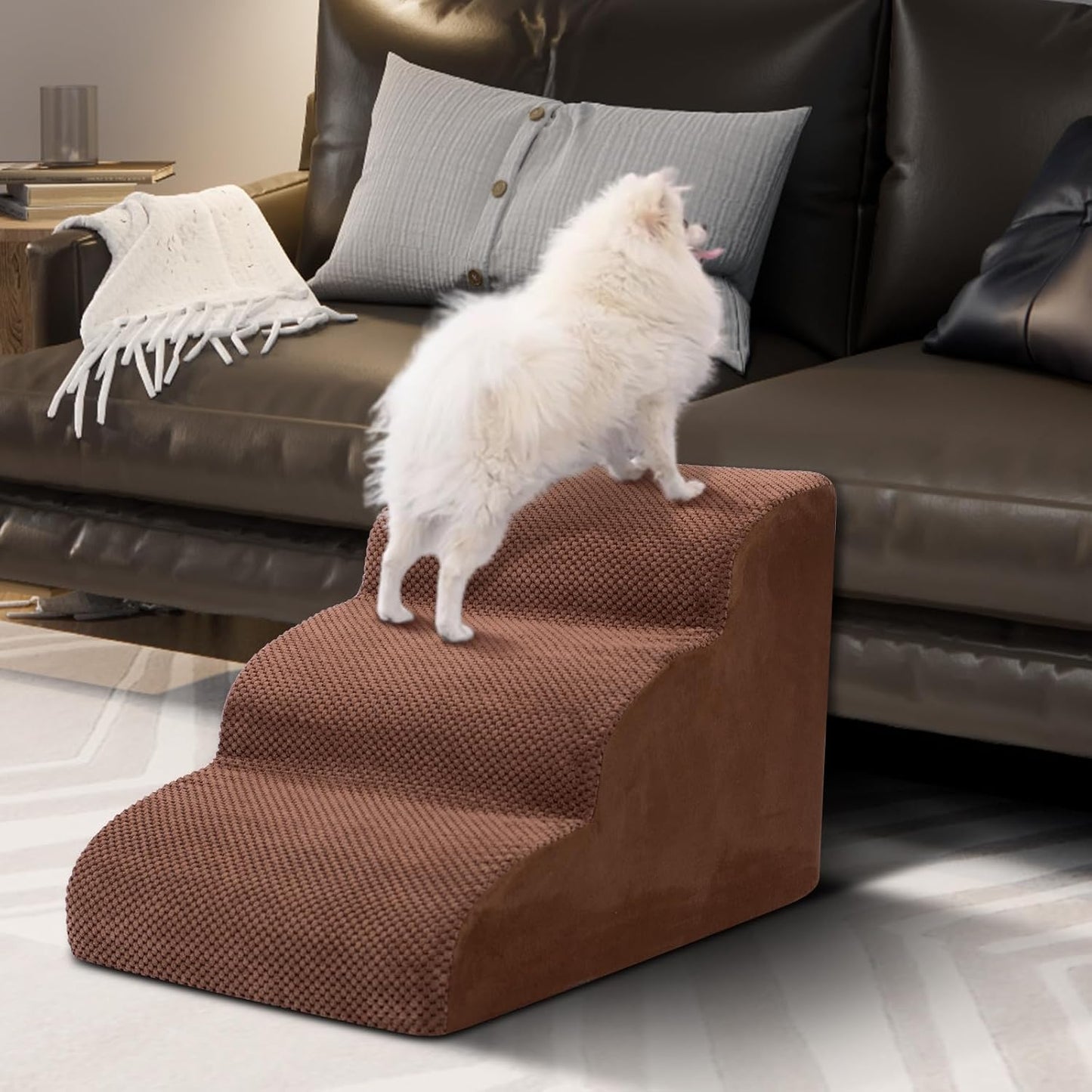 Dog Stairs for Small Dogs - High Density Foam Dog Ramp, Extra Wide Pet Steps with Non-Slip Bottom for High Beds, Couche and Sofa, Best for Pet Injured, Older Dogs Cats (Grey, 4 Steps)