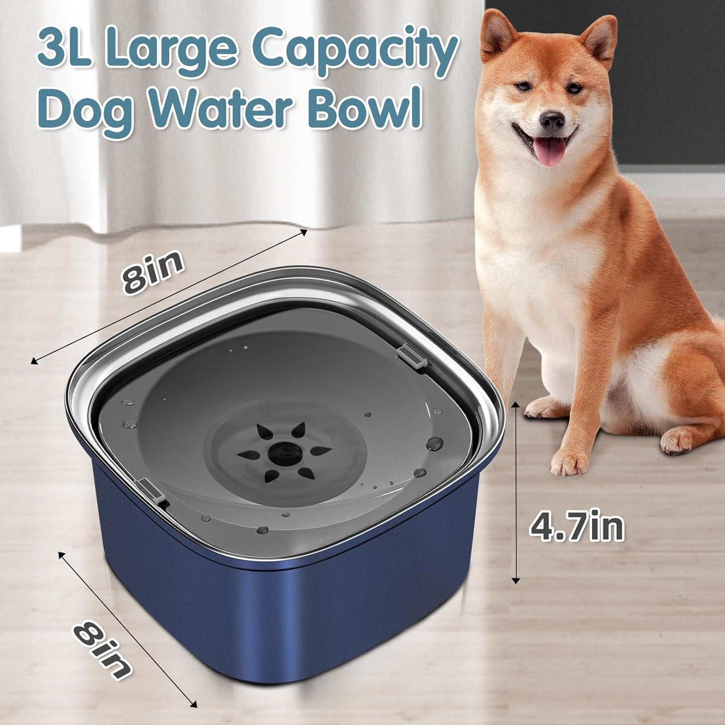 UPSKY 3L Dog Water Bowl 101oz Stainless Steel No Spill Large Capacity Dog Food Water Bowl Slow Water Feeder, Spill Proof Pet Water Dispenser Vehicle Carried Travel Water Bowl