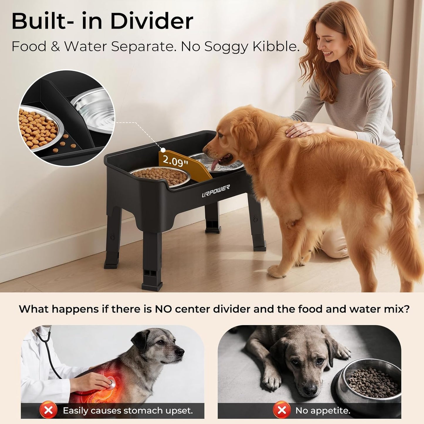 URPOWER 3-in-1 Elevated Dog Bowls - Mess Proof Double Deck 4 Height Adjustable Raised Stand with 2 Stainless Steel Food Bowls & Licking Plate for Small, Medium & Large Dogs