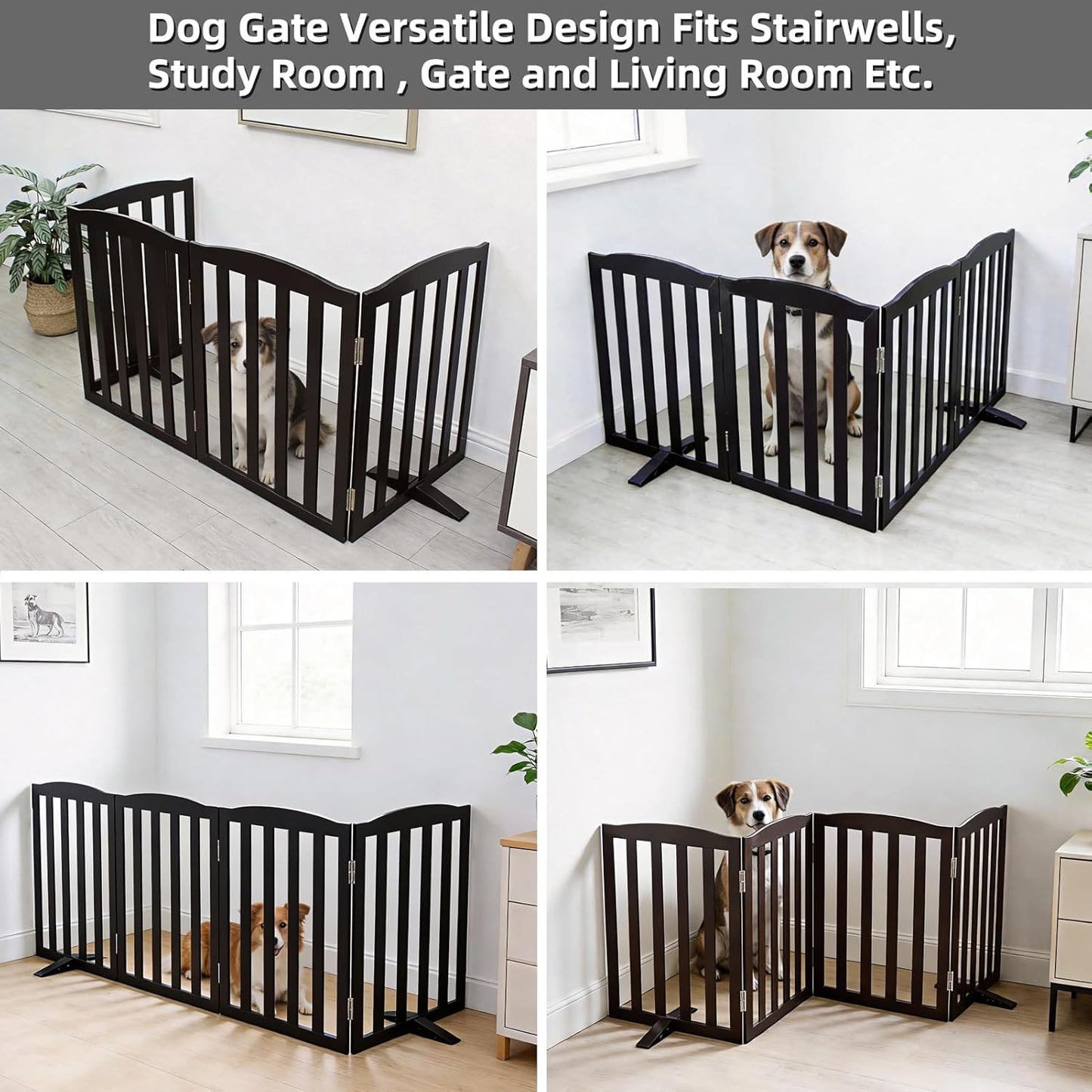 Freestanding Dog Gate Indoor,Doggie Gate Foldable Dog Gates for Doorways,Stairs or Hallways, Wooden White Pet Gate for the House, Pet Fence with Support Feet Included,24 "Height-4 Panels