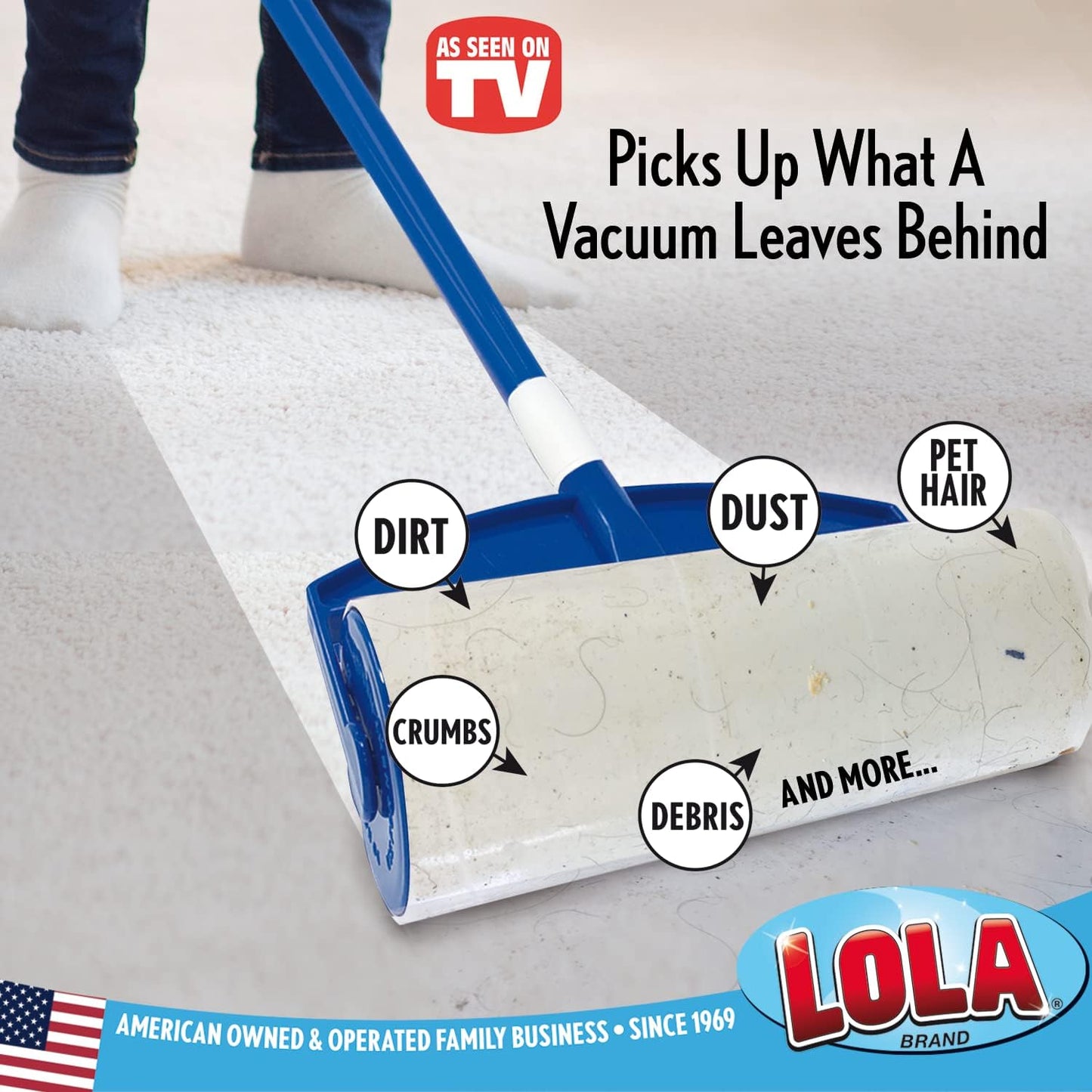 LOLA Rola PET Hair Remover Sticky Mop, Giant Floor Lint Roller, 9" x 3.5", Aluminum Handle, Largest Head, Traps Hair, Dust, Dirt, Extra Sticky Sheets