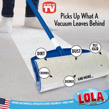 LOLA Rola PET Hair Remover Sticky Mop, Giant Floor Lint Roller, 9" x 3.5", Aluminum Handle, Largest Head, Traps Hair, Dust, Dirt, Extra Sticky Sheets