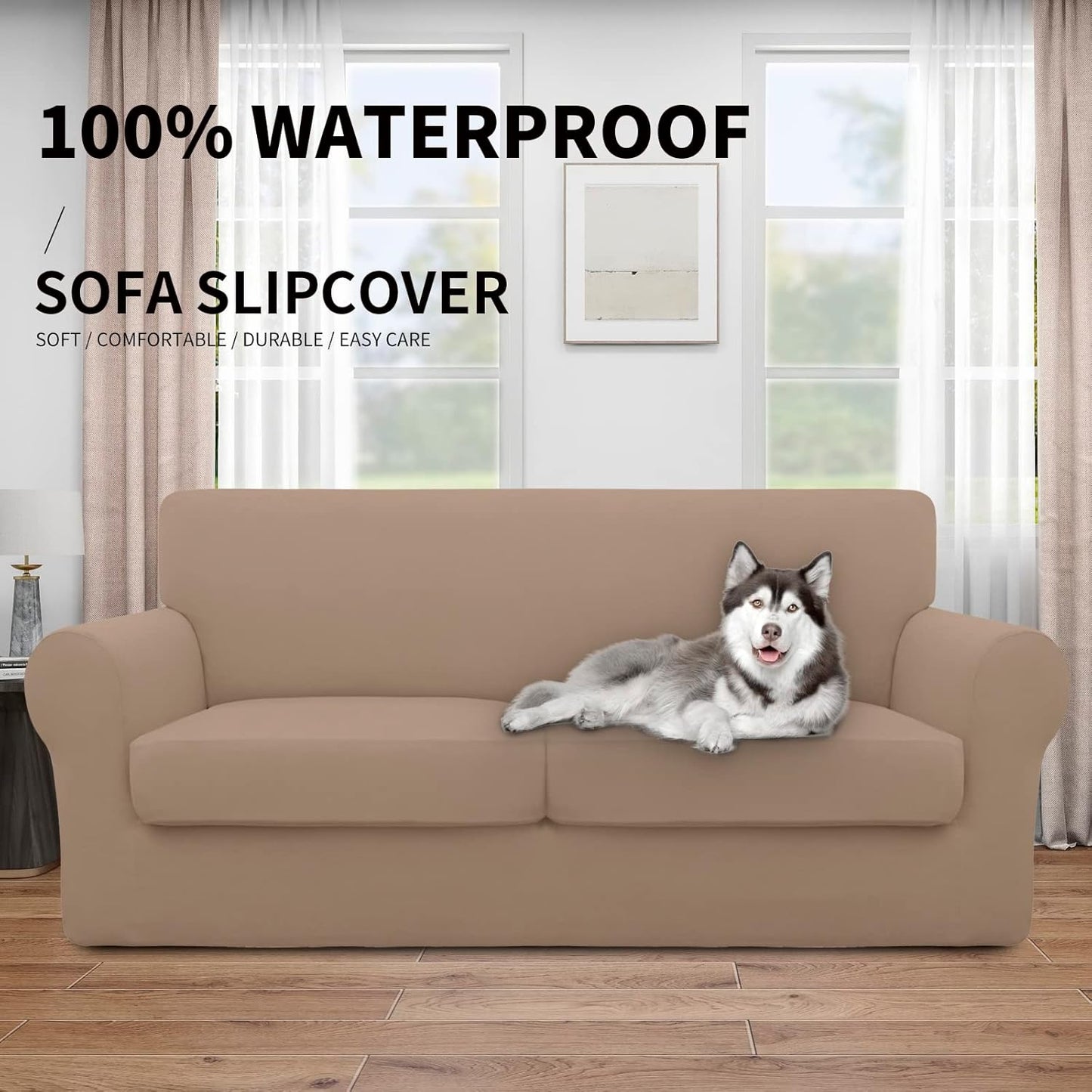 Easy-Going 100% Dual Waterproof 4 Pieces Stretch Soft Couch Cover for Dogs, Sofa Slipcover for 3 Separate Cushion Couch Leakproof Furniture Protector for Kids, Pets Dark Gray