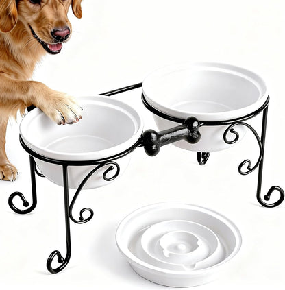 Elevated Dog Bowl Stand with 3 Large Ceramic Bowls – Raised Feeding Station for Medium & Large Dogs, Includes 2 Standard Bowls + 1 Slow Feeder, Durable Iron Frame, Non-Slip (White)