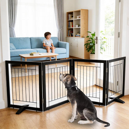 ZJSF Freestanding Dog Gate Indoor, Foldable Dog Fence for Doorways,Hallways or Stairs, Sturdy Wood Extra Wide Pet Gate with Support Feet,Black,24 "Height-3 Panels