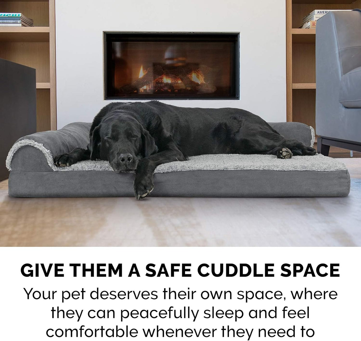 Furhaven Memory Foam Dog Bed for Large Dogs w/ Removable Bolsters & Washable Cover, For Dogs Up to 95 lbs - Two-Tone Plush Faux Fur & Suede L Shaped Chaise - Espresso, Jumbo/XL