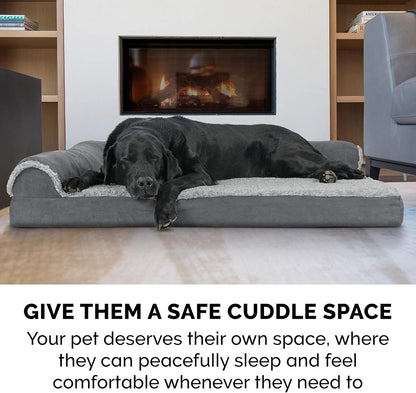Furhaven Memory Foam Dog Bed for Large Dogs w/ Removable Bolsters & Washable Cover, For Dogs Up to 95 lbs - Two-Tone Plush Faux Fur & Suede L Shaped Chaise - Espresso, Jumbo/XL