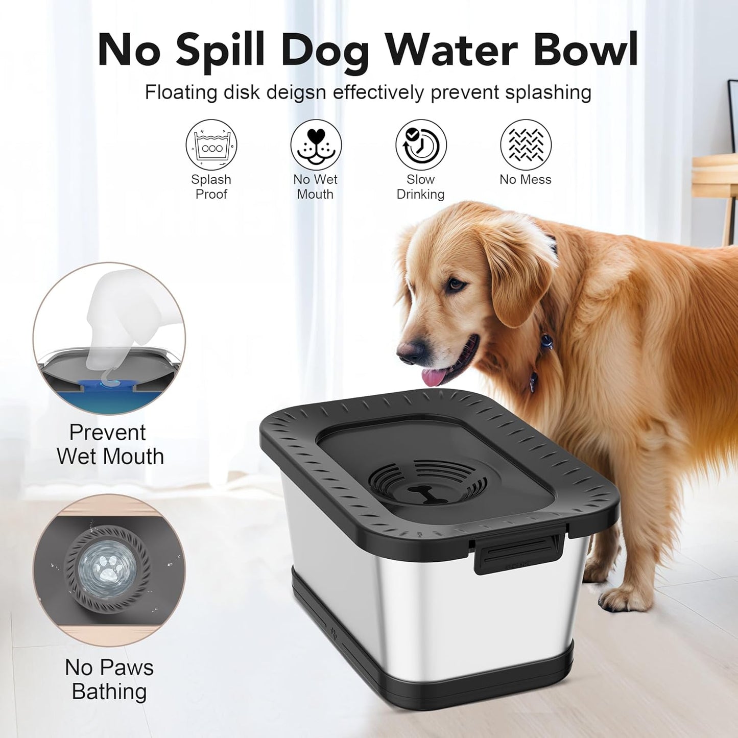 Decflow 10L Stainless Steel Dog Water Bowl, No Spill Anti-Splash Dog Bowls with XXL Silicone Mat, Spill-Proof Slow Feeder for Messy Drinkers, Heavy Duty Pet Bowls for Indoor/Outdoor Use Grey