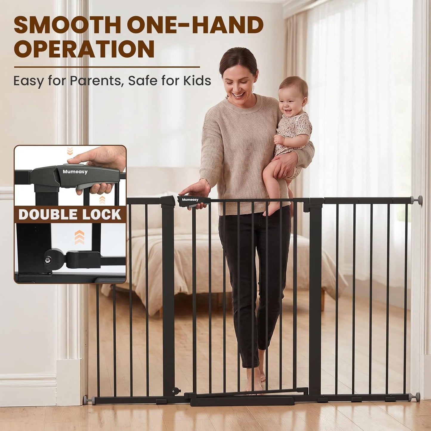 Mumeasy Baby Gate Extra Wide, 29.7-51'' Pressure Mounted Dog Gate with Walk Thru Door, Auto Close Pet Gate for House, Stairs, Doorways,Black