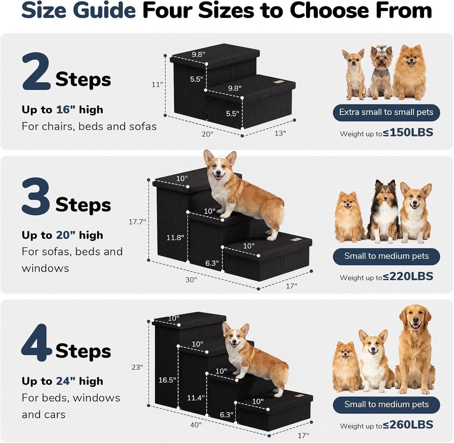 3-Step Wide Dog Stairs with Hidden Storage 18" H, Non-Slip Dog Steps for High Bed Couch Window Car, Jiont-Friendly Pet Stairs Ramp for Small/Medium/Large Old Dogs Cats Up to 200lbs, Grey