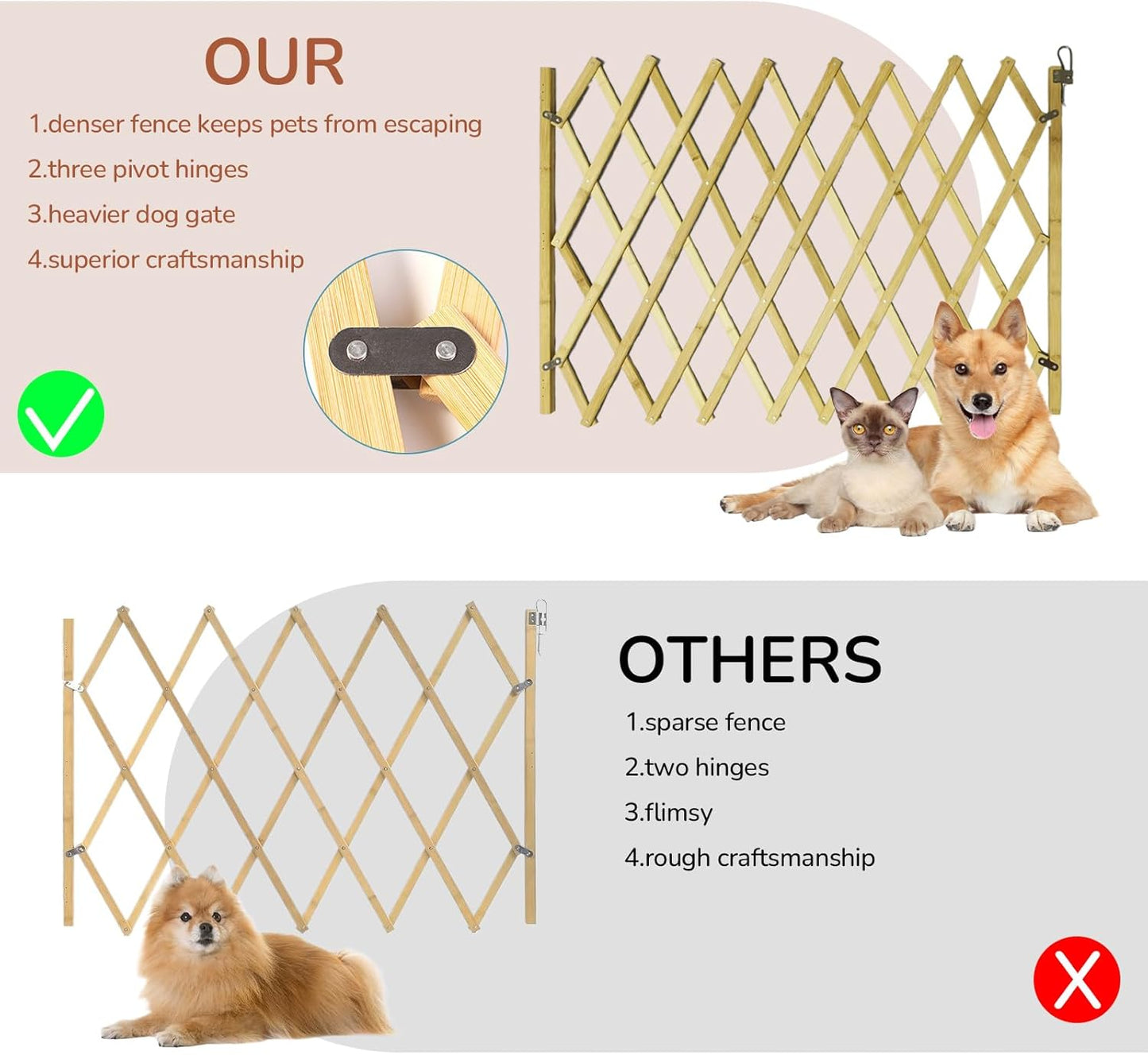 Expandable Wooden Dog Gate Indoor, Retractable Pet Fence Accordion Style, Freestanding Safety Barrier for Doorways, Patio, Garden – Fits Small to Large Dogs (Large)