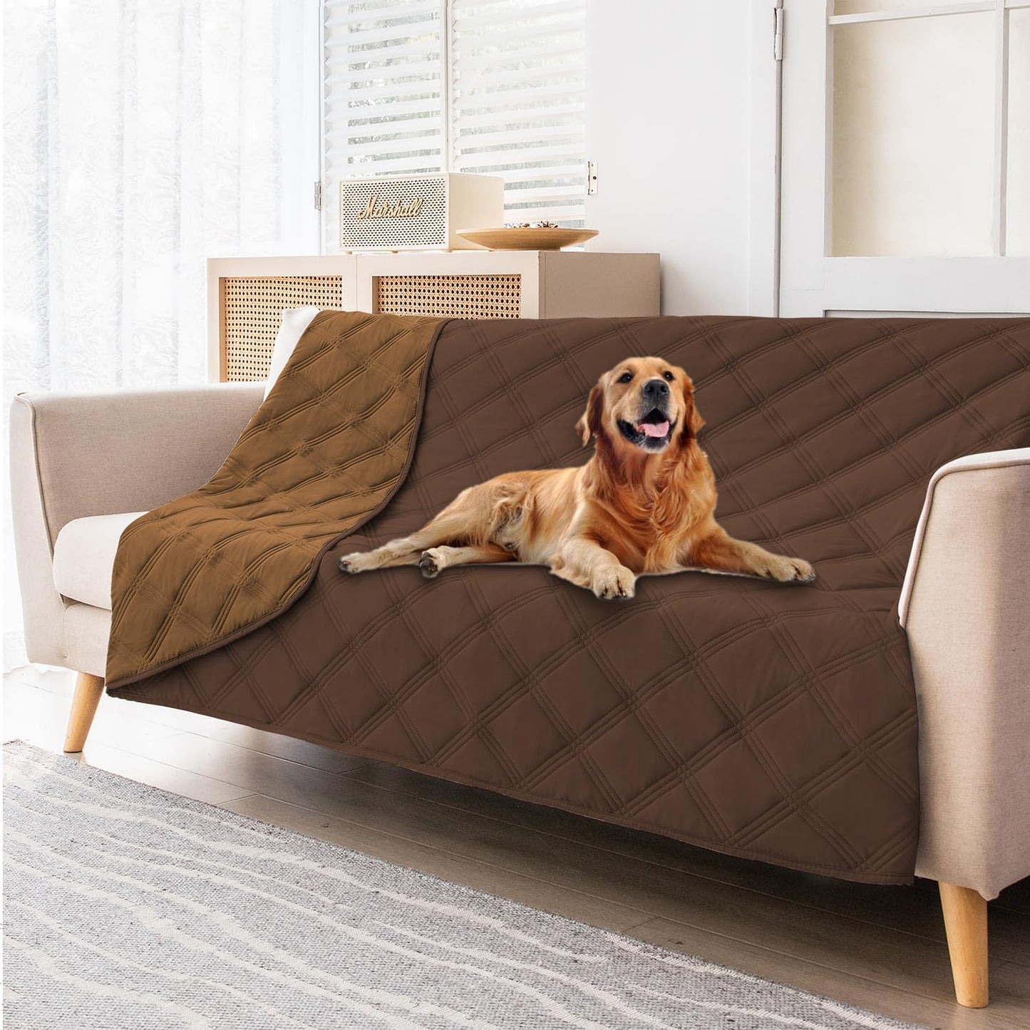 fuguitex Waterproof Dog Blanket, Pet Friendly Reversible Throw Essential for Small Dogs, Tear Resistant Leakproof Washable Couch Cushion Bed Protector Cover for Indoor Furniture（30"*70",Beige+Cream