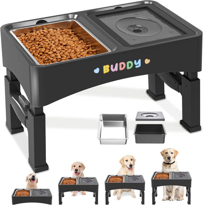 Decflow 3-in-1 Elevated Dog Bowls, 4 Height Adjustable Raised with Stainless Steel, Slow Feeder, No Spill Water Bowl, DIY Stickers Foldable Pet Bowl for Medium Large Dogs