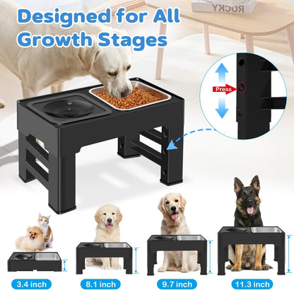 2-in-1 Elevated Slow Feeder Dog Bowls, 4 Height Adjustable Raised Dog Bowls Stand with No Spill Water Bowl, Non-Skid Pet Food Feeding Set for Small, Medium, Large Dogs Cats