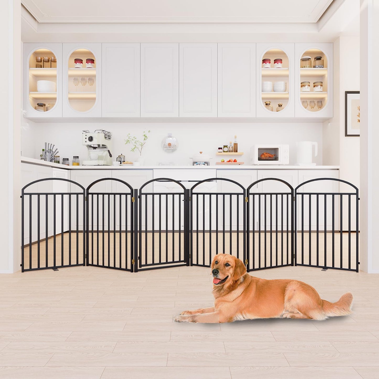 SNUOWU 4 Panels Full Matel Freestanding Dog Gates with Door, 96"Extra Wide 32"Tall Free Standing Dog Pet Gate for Indoor & Outdoor. Foldable Pet Fences for Doorways, House, Stairs, Porch, Deck, Yard