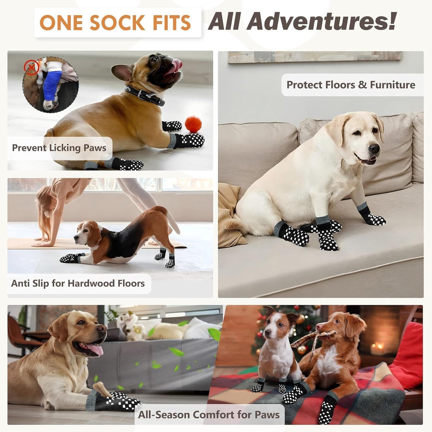 Anti Slip Dog Socks to Prevent Licking Paws, Dog Shoes for Hot/Cold Pavement, Dog Boots on Hardwood Floors, Traction Control Dog Booties & Paw Protectors for Small Medium Large Senior Dogs