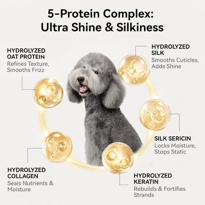 aumuca Dog Detangling & Shine Spray – Leave-in Conditioner & Dematting Spray for Doodles, Cats & Horses Without Buildup | 5-Protein Complex for Deep Repair & Enhanced Shine | 8 Fl Oz (Meadowfoam)