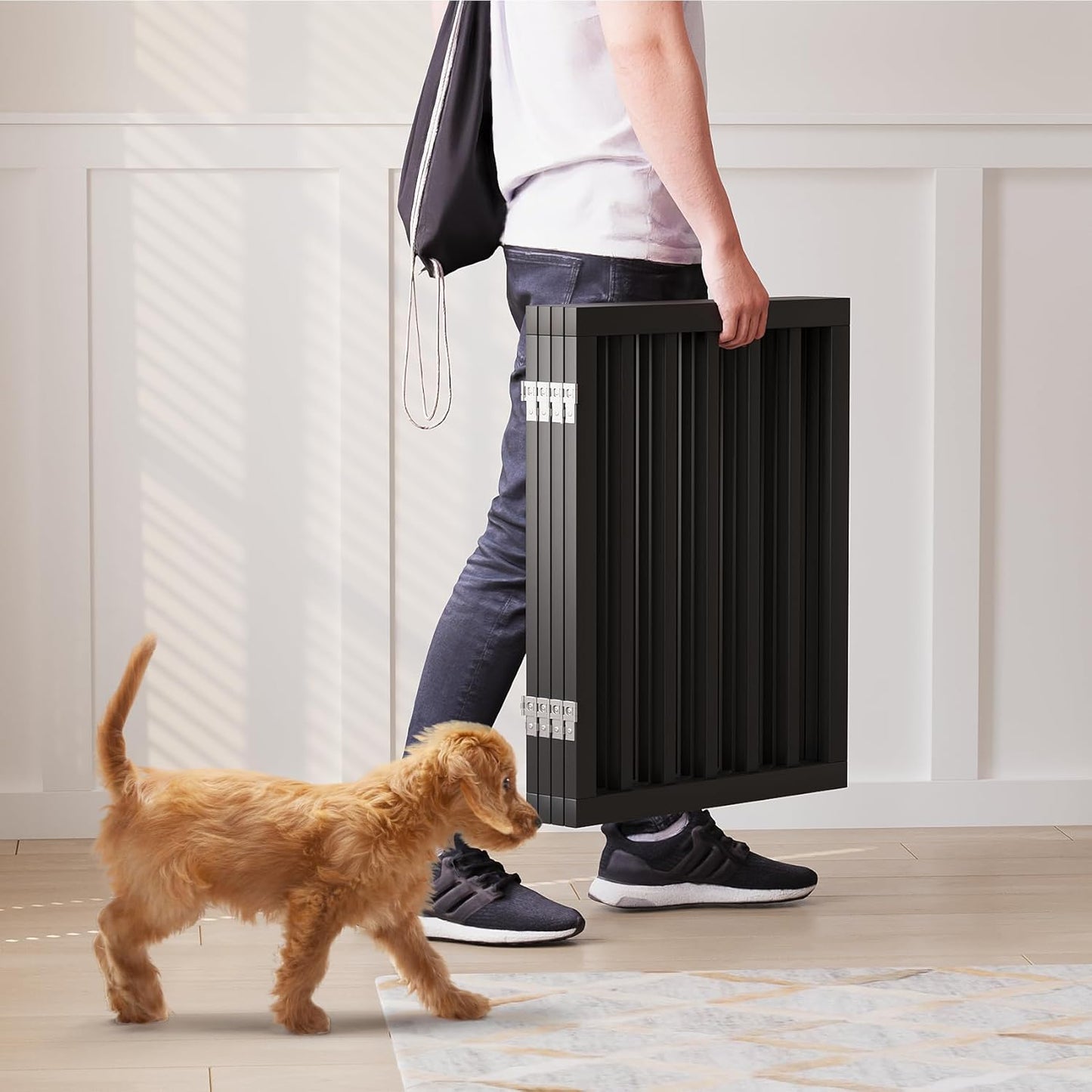 Freestanding Dog Gates Indoor, 3-Panel Pet Gates with 2 Metal Stands and 360° Hinge, 24" H Foldable Dog Gate for Stairs, Doorway, Kitchen, Expands Up to 55" Fully Assembled - Black Walnut