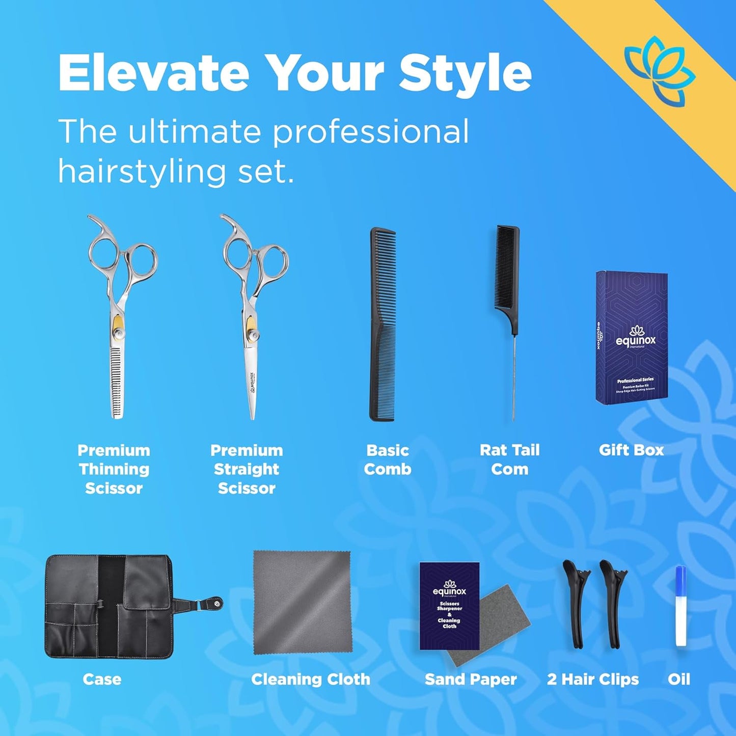 Equinox Dog Grooming Scissors & Deshedder - 7 in 1 Pet Grooming Scissors Set with undercoat brush - Curved Dog Scissors with safety tips - Includes Thinning & Rounded Shears - For dogs & cats