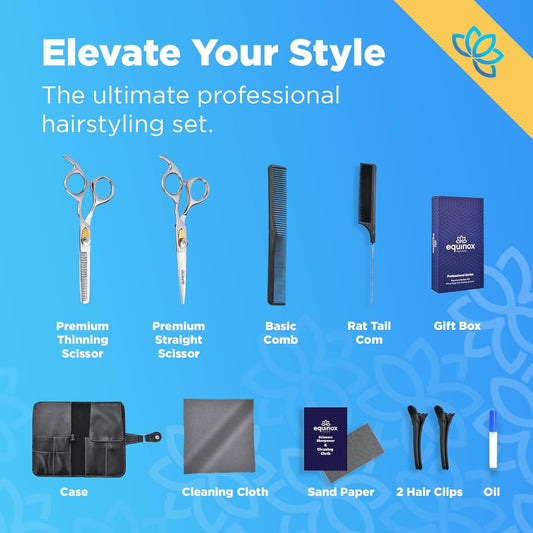 Equinox Dog Grooming Scissors & Deshedder - 7 in 1 Pet Grooming Scissors Set with undercoat brush - Curved Dog Scissors with safety tips - Includes Thinning & Rounded Shears - For dogs & cats