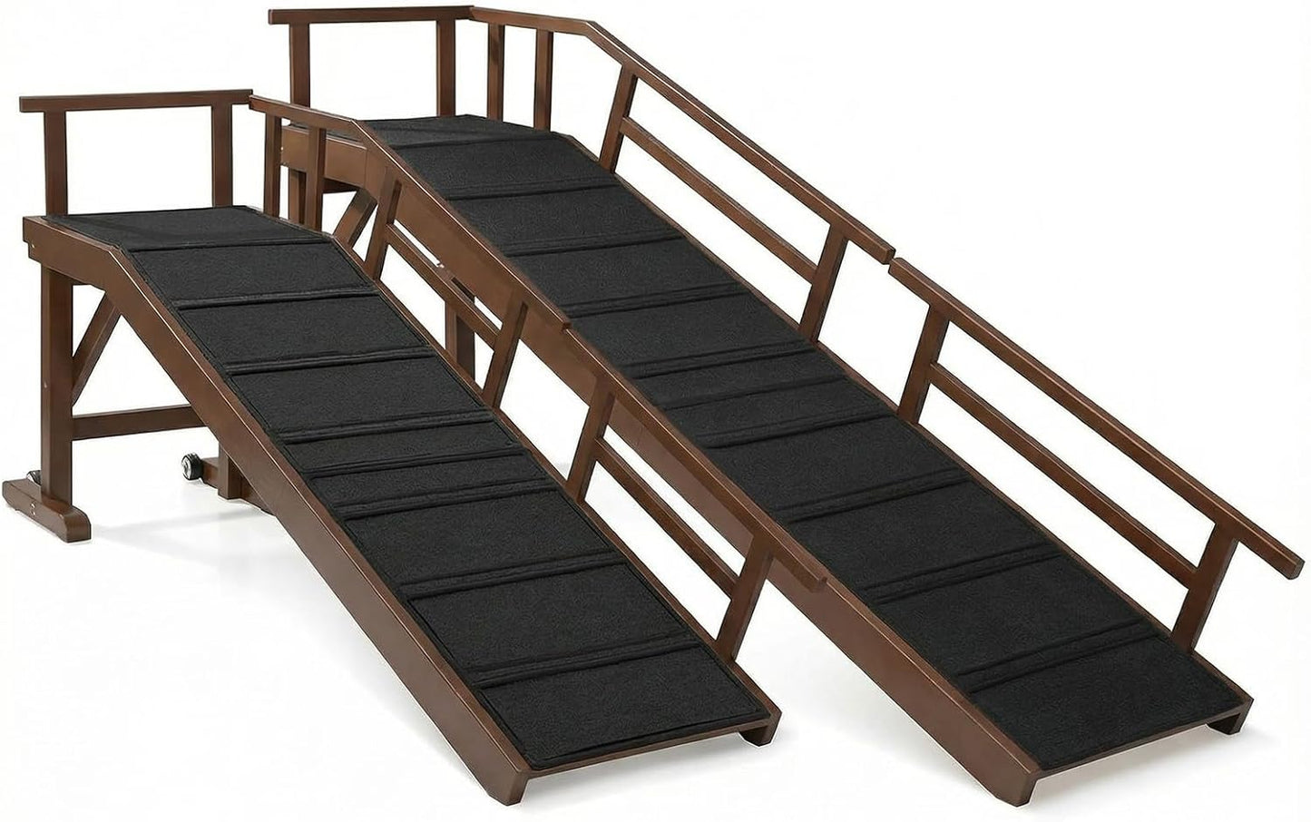 Dog Ramp for Bed or Couch, Wooden Pet Ramp with 20° Gentle Slope, Removable Side Rails, Non-Slip Surface, Top Platform & Wheels, Safe Bed Ramp for Small, Large & Senior Dogs, 60" Long, Mahogany