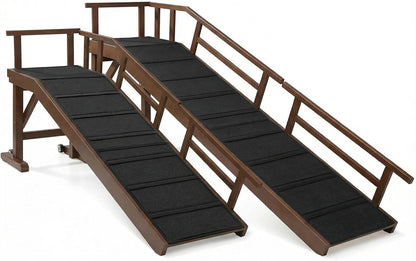 Dog Ramp for Bed or Couch, Wooden Pet Ramp with 20° Gentle Slope, Removable Side Rails, Non-Slip Surface, Top Platform & Wheels, Safe Bed Ramp for Small, Large & Senior Dogs, 60" Long, Mahogany
